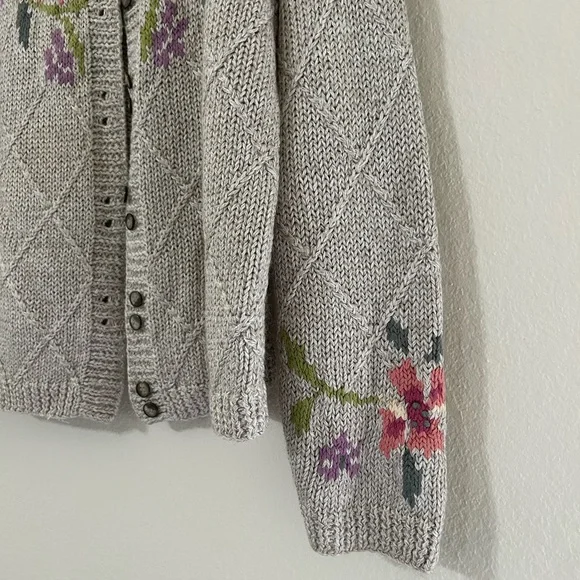 Vintage L.L. Bean Floral Knit Women's Sweater Tan/pink Button Up Cotton Ramie S - Picture 6 of 11